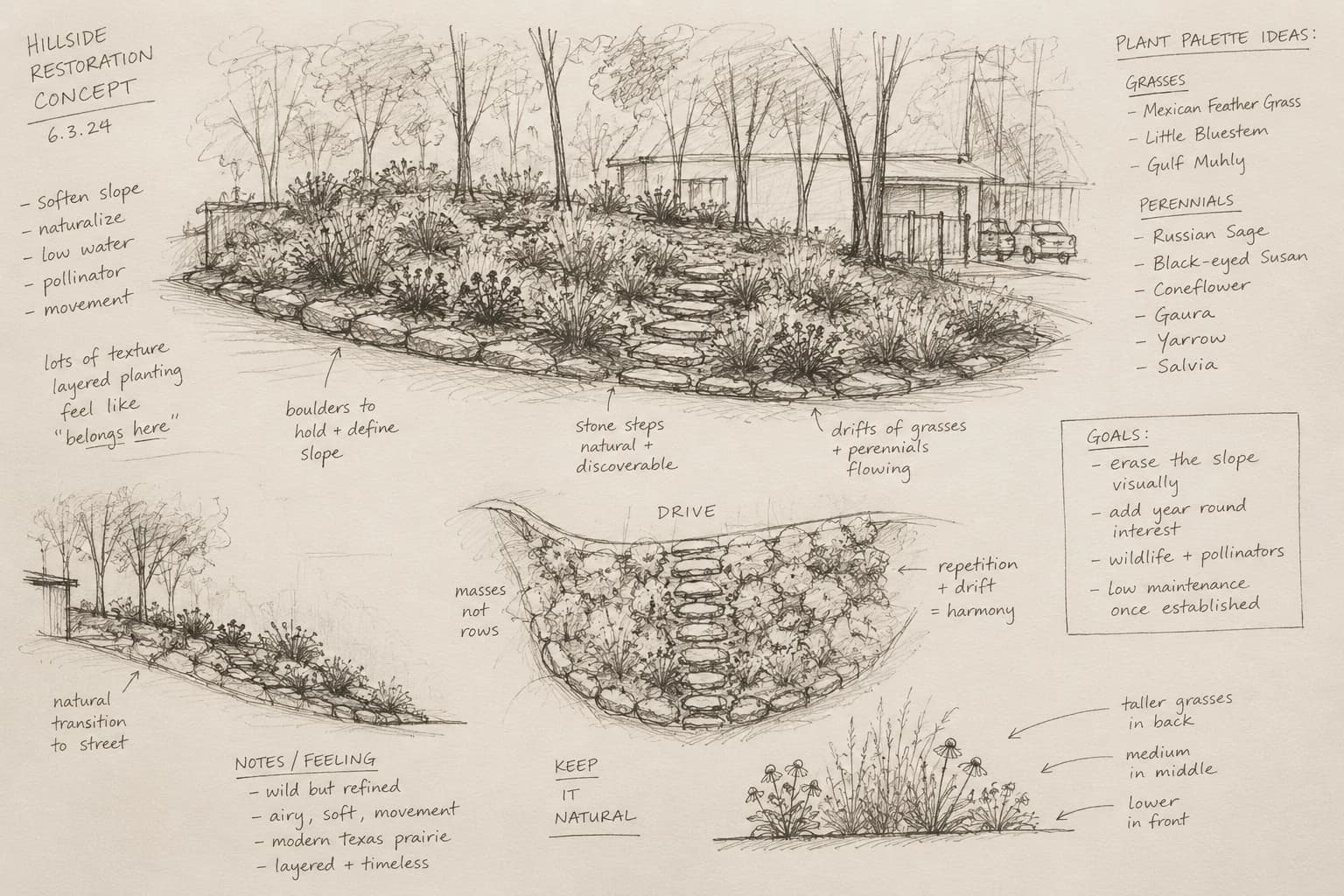 Initial hand sketch of the hillside restoration concept