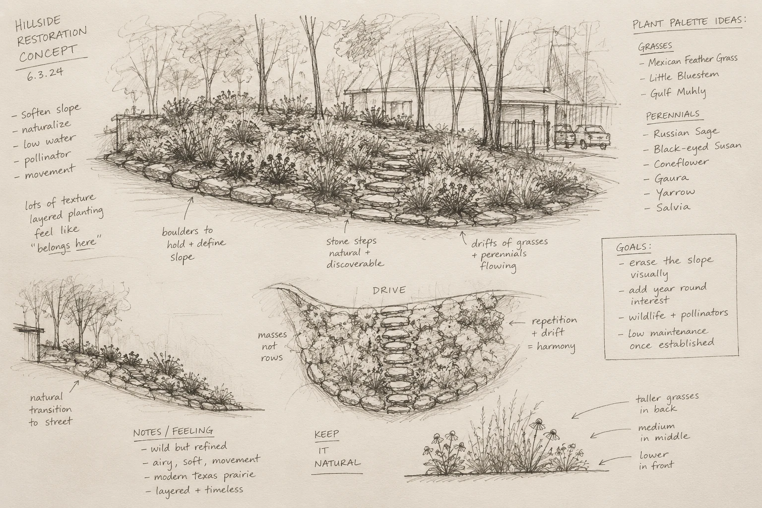 Initial hand sketch of the hillside restoration concept